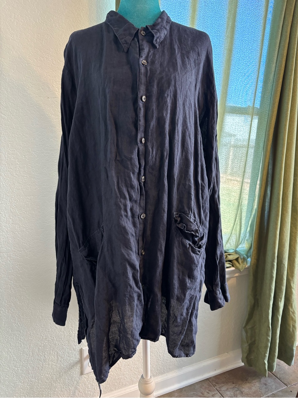 CP Shades linen button-down tunic shirt/ in blue with a relaxed, oversized fit
